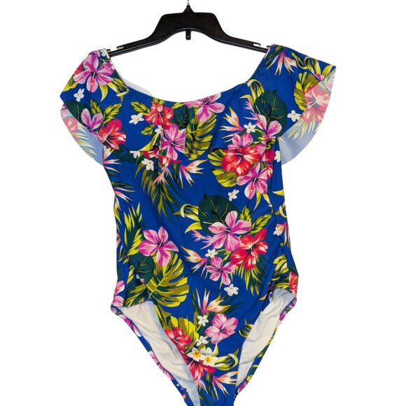 Kona Sol Off-The-Shoulder Floral One-Piece Swimsuit With Flounce Sleeves & Tropi - Picture 1 of 3